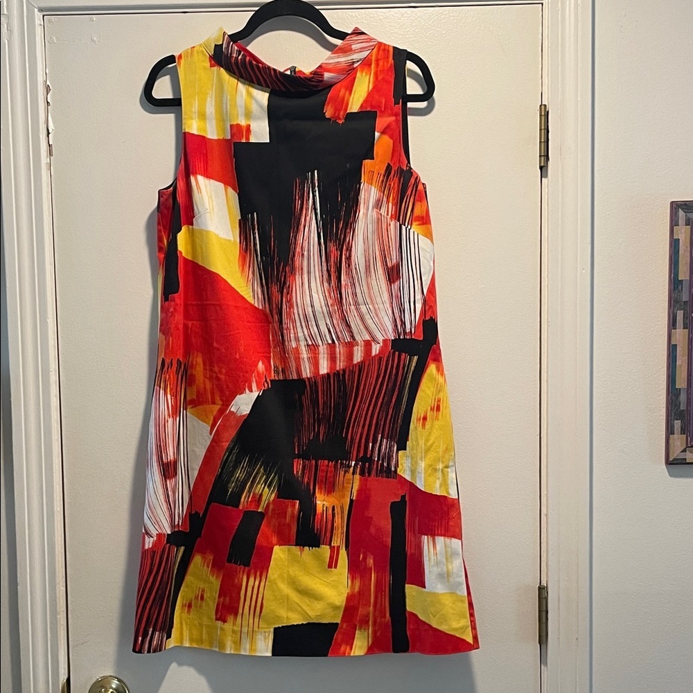 Soca St. John Red Yellow Abstract Knee Length Shift Multicolor Sleeveless Dress